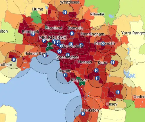 Maptitude GIS map of buffers around hospitals
