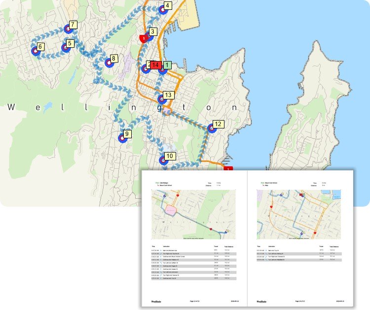 MapPoint alternative - Maptitude map showing a route servicing multiple stops and a PDF report with stop-to-stop directions