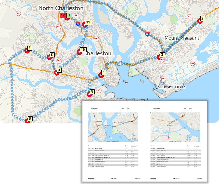Maptitude route map and report with turn-by-turn directions