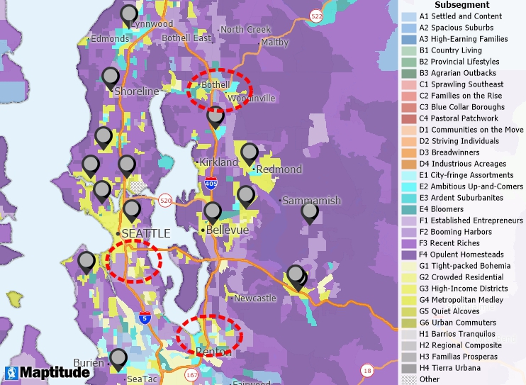 Maptitude mapping software map of geocoded stores and underlying neighborhood demographic characteristics