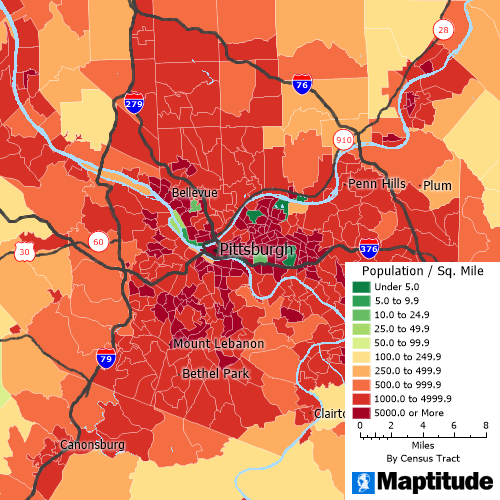 Maptitude mapping software map of Census tracts around Pittsburgh with a color theme indicating population density